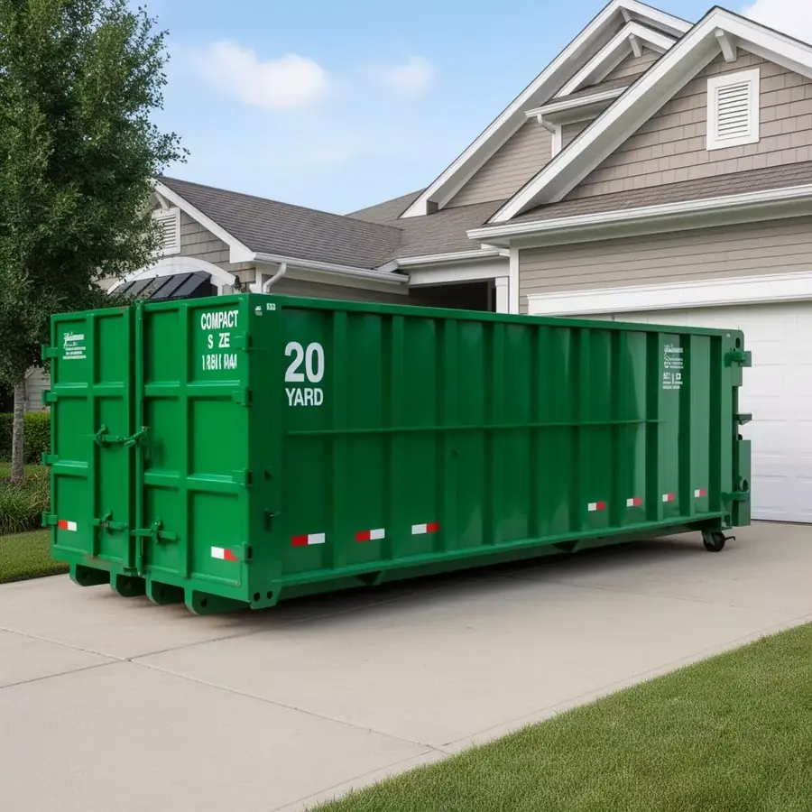 20-yard roll-off dumpster on a concrete driveway in front of a house